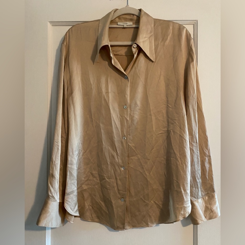Vince 100% Silk Rose Gold Button-Up Shirt Blouse Size Large $450